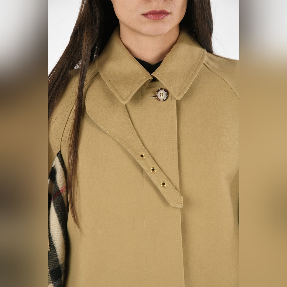 BURBERRY HONEY COTTON GABARDINE CAR COAT TRENCH WITH CASHMERE CHECK SCARF DETAIL - Picture 4 of 14